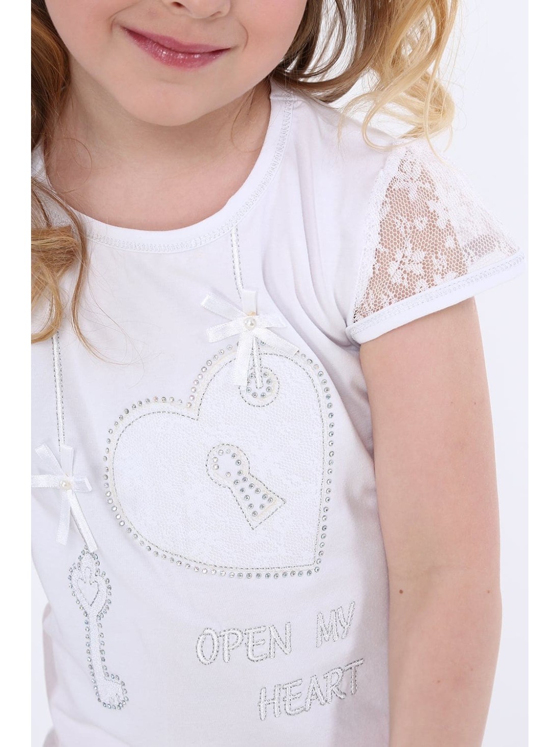 T-shirt with lace sleeves, white NDZ8147 - Online store - Boutique